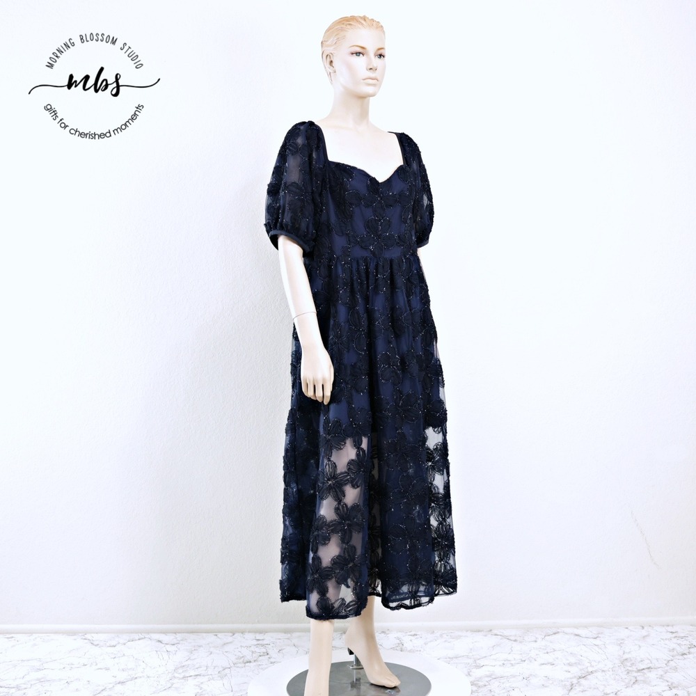 Eywol Sweetheart Chic Mesh Floral Puff Sleeves Midi Dress Blue Women 2XL